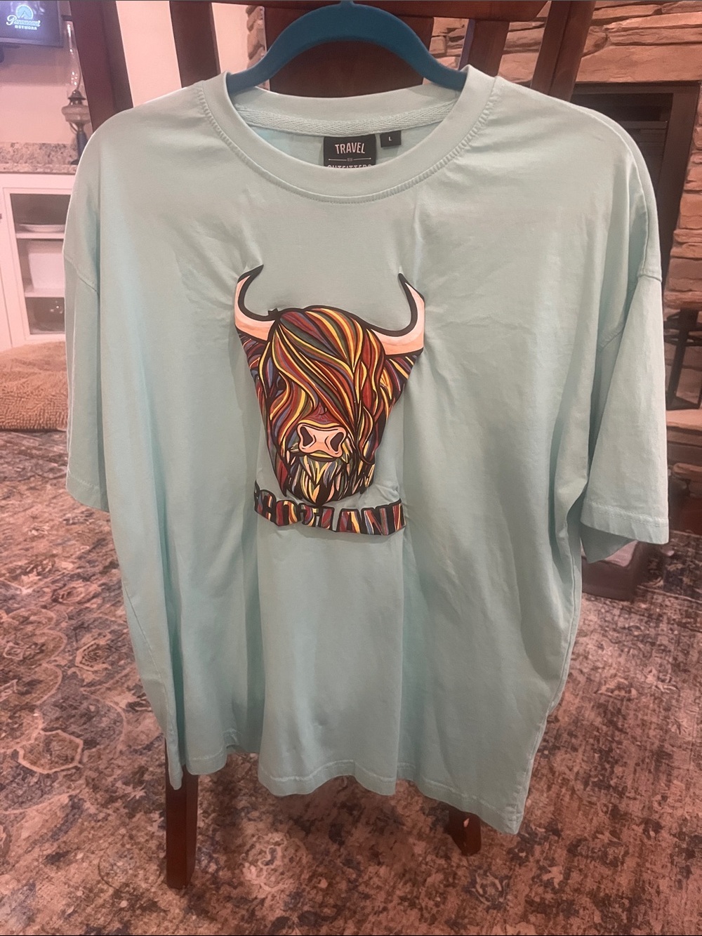 ravel Light Green Short Sleeve Tee with Highland Cow Graphic